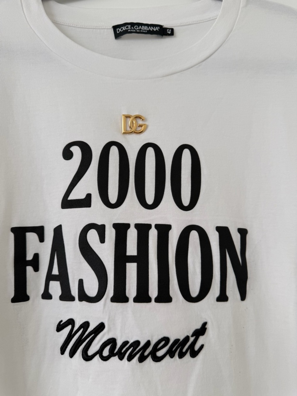 Dolce & Gabbana White Tee with Black Logo Script and Gold DG Pin